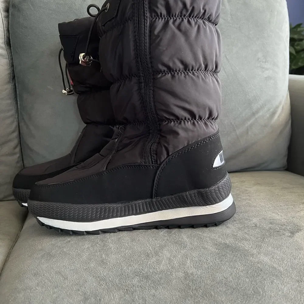 SNOW boots fleece lined platform black waterproof cotton NWOT